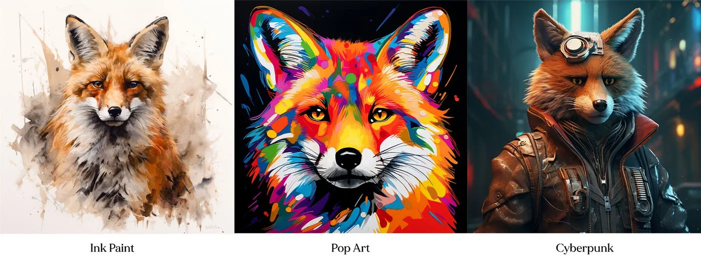 A Fox { Inkpaint, Pop art, Cyberpunk}