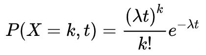 P(X=k,t)=\frac{\left(\lambda t\right)^k}{k!}e^{-\lambda t}\\