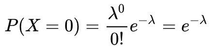 P(X=0)=\frac{\lambda^0}{0!}e^{-\lambda}=e^{-\lambda}\\