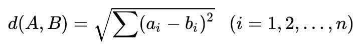 d(A,B) = \sqrt {\sum (a_i - b_i)^2} \ \ \ (i=1,2,...,n) \\
