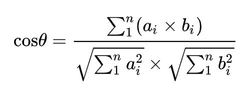 \text {cos} \theta = \dfrac {\sum_1^n (a_i \times b_i)}{\sqrt {\sum_1^n a_i^2} \times \sqrt {\sum_1^n b_i^2}} \\