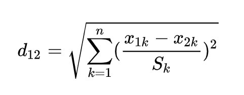 d_{12} = \sqrt {\sum_{k=1}^n (\dfrac {x_{1k}-x_{2k}}{S_k})^2} \\